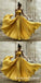 A-Line Halter Long Cheap Yellow Chiffon Prom Dresses with Applique, QB0504