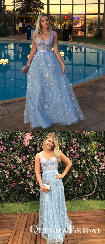 Fancy Newest Light Blue Spaghetti Strap Long Cheap Lace Prom Dresses, QB0799