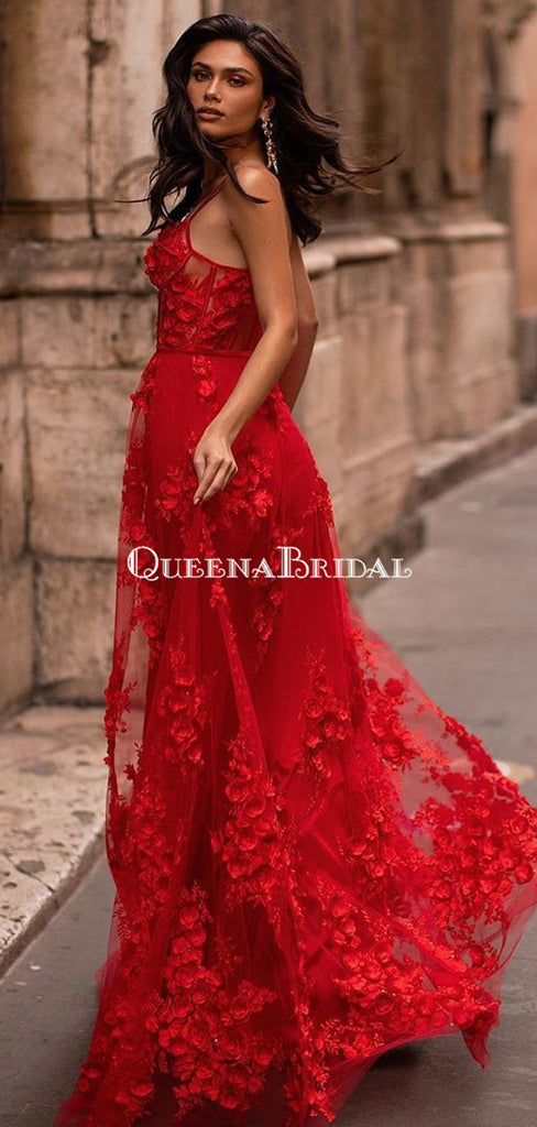 Newest Spaghetti Strap Red Lace A-line Long Cheap Prom Dresses, PDS0099