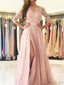 Sexy Split Blush Pink Long Sleeve Lace Evening Prom Dresses, Sexy Party Prom Dresses, PDS0080