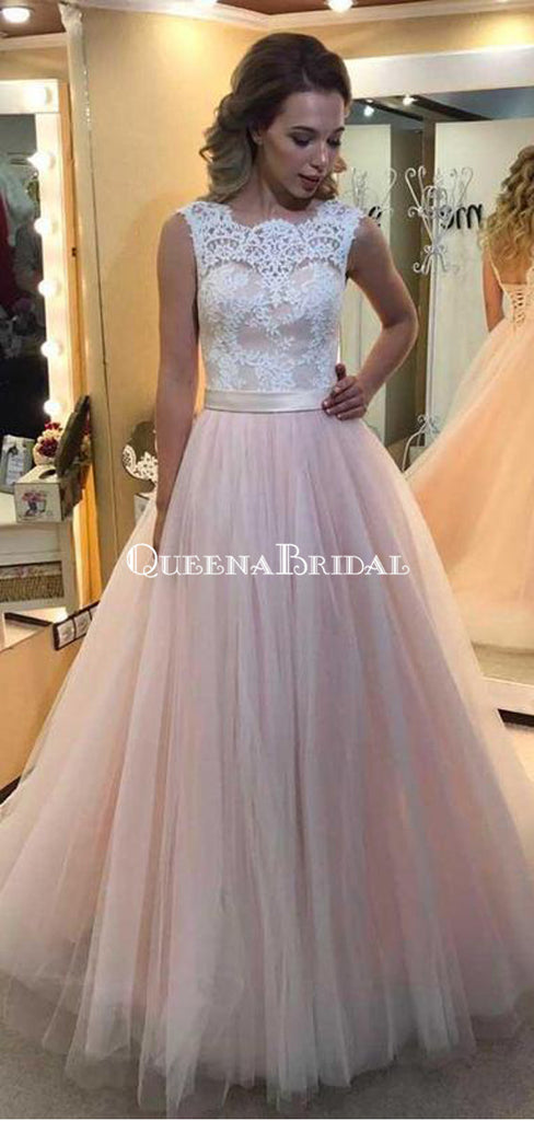 A-line Light Pink Tulle Prom Dresses White Lace Applique Quinceanera Dresses, QB0341