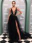 Sexy V-neck Straps Black Tulle Lace Appliqued Side Slit A-line Long Cheap Prom Dresses, PDS0068