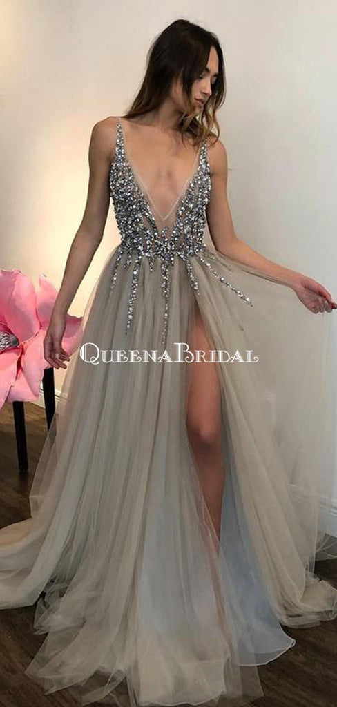 Long Backless Grey Sexy Prom Dresses with Slit Rhinestone See Through Evening Gowns, QB0286