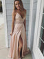 Side Slit Champagne Spaghetti Straps Long Evening Prom Dresses, Cheap Sweet 16 Dresses, PDS0082