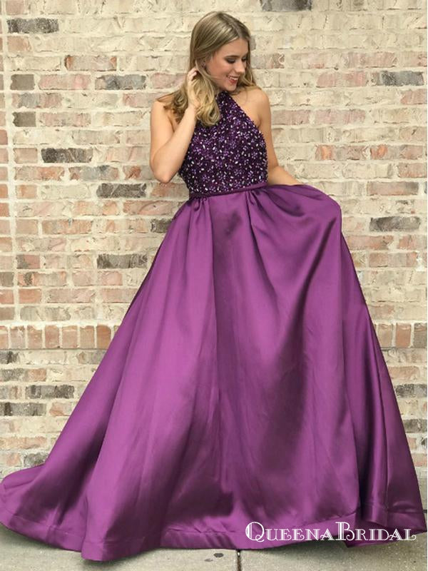 Halter Beaded Bodice Purple Satin Long Cheap Prom Dresses, QB0718