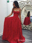 A-Line Spaghetti Straps Sweep Train Red Lace Prom Dresses Online, QB0250