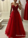 Charming V Neck Spaghetti Straps Dark Red Tulle Long with Beading Prom Dresses, QB0562