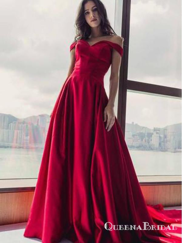 Simple Red A-line Off the Shoulder Long Cheap Prom Dresses, QB0670