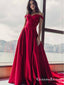 Simple Red A-line Off the Shoulder Long Cheap Prom Dresses, QB0670