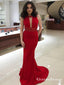 Mermaid Round Neck Red Long Prom Dresses with Beaded Keyhole, QB0517