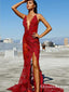 Sexy Red See Through Mermaid  Deep V-Neck Appliques Prom Dresses, QB0792