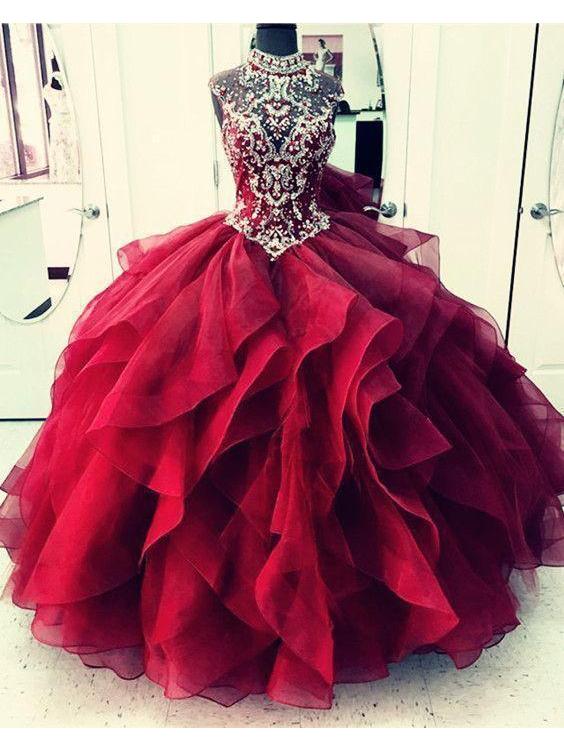 Royal Blue Organza High Neck Quinceanera Dresses Burgundy Prom Dresses, QB0333