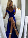 A-Line Off the Shoulder Split Front Royal Blue Satin Prom Dresses, QB0255