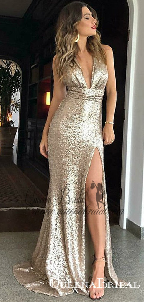 Mermaid Deep V-Neck Long Champagne Sequined Split Prom Dresses, QB0491