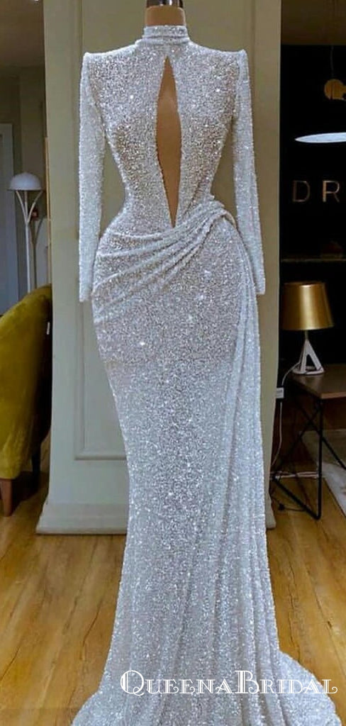 New Arrival Sparkly High Neck Long Sleeves Open Chest Long Cheap Mermaid Sequin Prom Dresses, QB0929