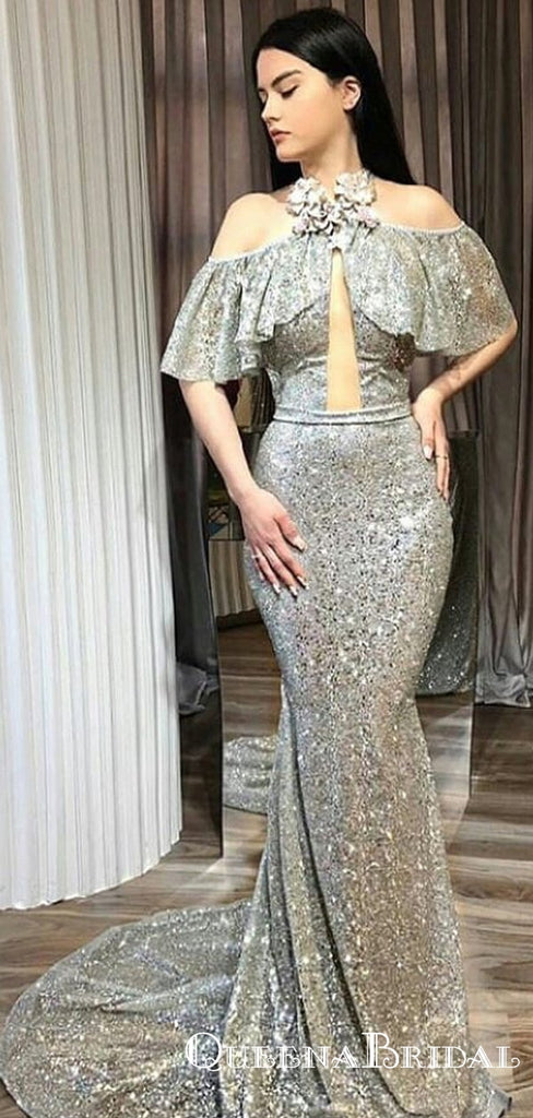 Newest High Neck Off-The-Shoulder Ruffles Sleeveless Long Cheap Mermaid Silver Sequin Prom Dresses, QB0922