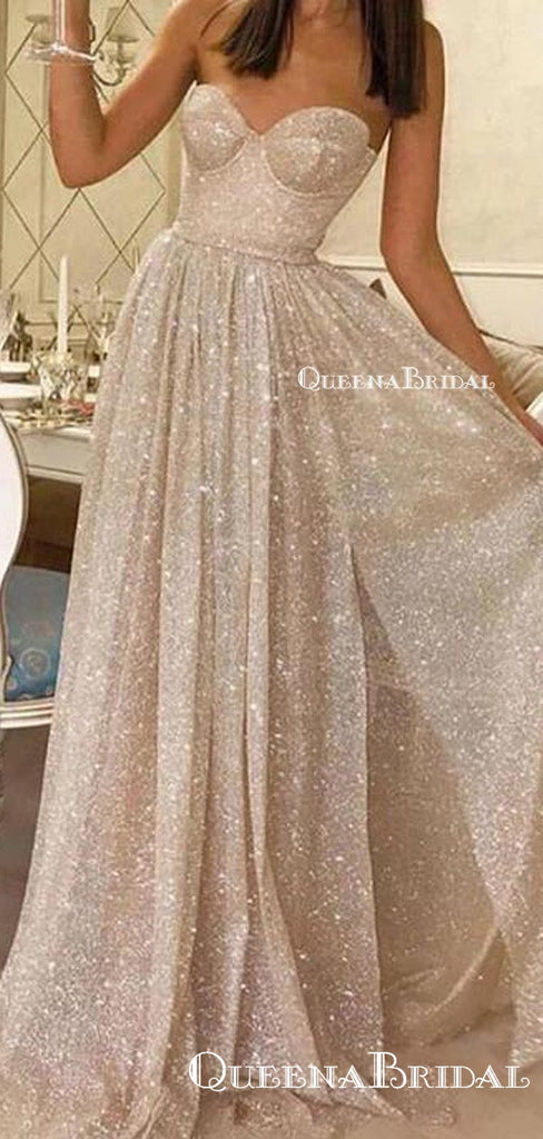 Sweetheart Sparkly Off-White Sequin Side Slit A-line Long Cheap Prom Dresses, PDS0075