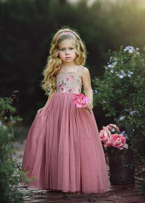 Spaghetti Strap Long Dusty Rose Floral Flower Girl Dresses, QB0328