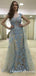 Sheath Illusion  Cap Sleeve Blue Tulle Prom Dresses with Appliques, QB0577