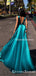 Sexy Deep V-veck Green Elastic-Silk Sleeveless A-line Side Slit Long Cheap Prom Dresses, QB0957