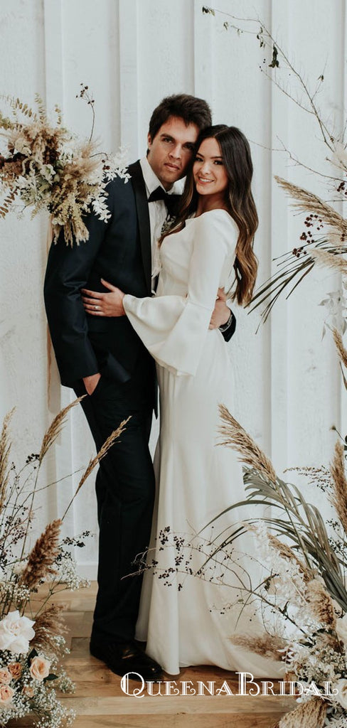 Long Sleeves Scoop Charming Elegant Ivory Satin Long Cheap Mermaid Wedding Dresses, QB0934