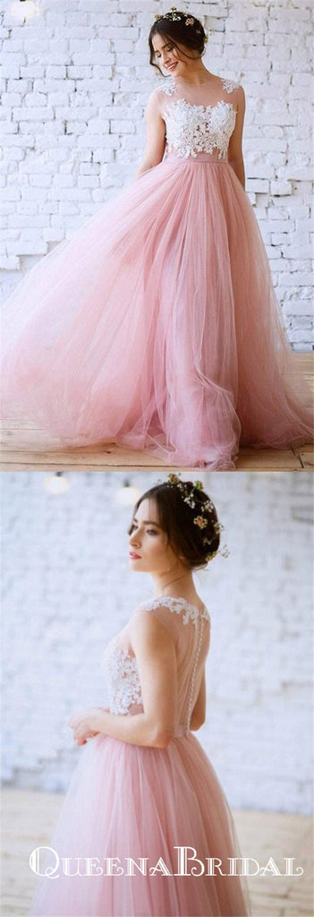 Unique A-Line Jewel Pink Tulle White Lace Long Cheap Wedding Dresses, QB0816