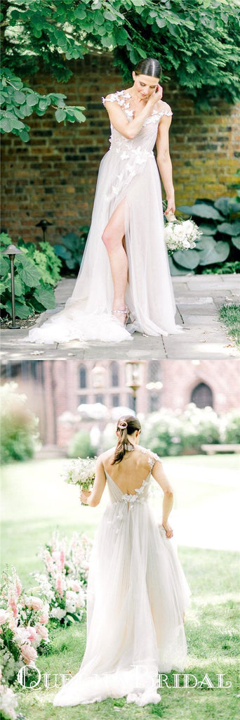 Simple A-Line Round Neck Backless White Tulle Wedding Dresses with Appliques, QB0811