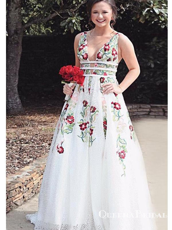Deep V Neck White Embroidery Long Cheap  Evening Prom Dresses, QB0411