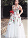 Deep V Neck White Embroidery Long Cheap  Evening Prom Dresses, QB0411