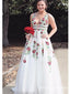Deep V Neck White Embroidery Long Cheap  Evening Prom Dresses, QB0411