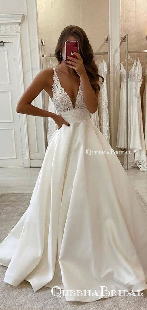 Newest Deep V-neck Sleeveless White Satin Top Lace Appliqued A-line Long Cheap Evening Prom Dresses, PDS0035