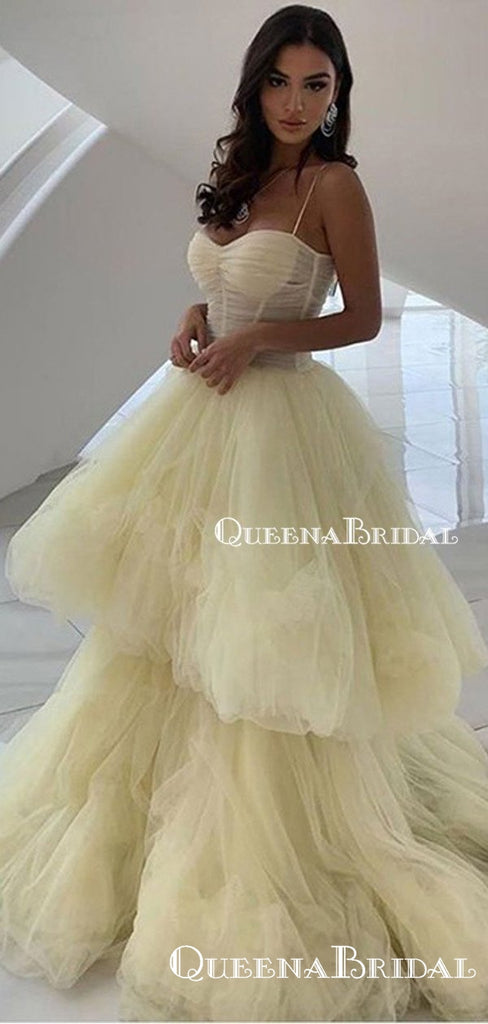 New Arrival Ball Gown Light Yellow Spaghetti Strap Sleeveless Long Cheap Tulle Prom Dresses, QB0951