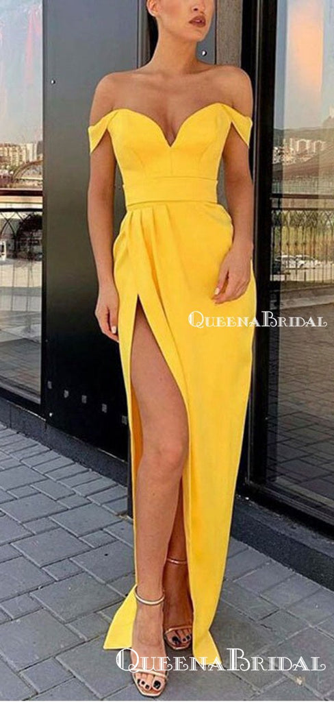 Off-The-Shoulder Charming Yellow Satin High Side Slit Long Cheap Evening Party Prom Dresses, PDS0015