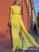 Newest Simple Charming One Shoulder Long Sleeves Yellow Chiffon Long Cheap Side Slit Prom Dresses, QB0927