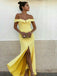 Sexy Off-Shoulder Yellow Satin Long Prom Dresses with Split, cheap Prom Dresses Online, QB0002