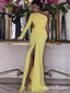 Newest Simple Charming One Shoulder Long Sleeves Yellow Chiffon Long Cheap Side Slit Prom Dresses, QB0926