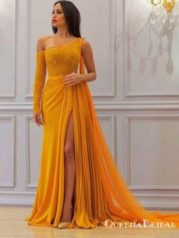 Newest Charming Bright Yellow One Shoulder Long Sleeve Long Cheap Chiffon Prom Dresses, QB0923