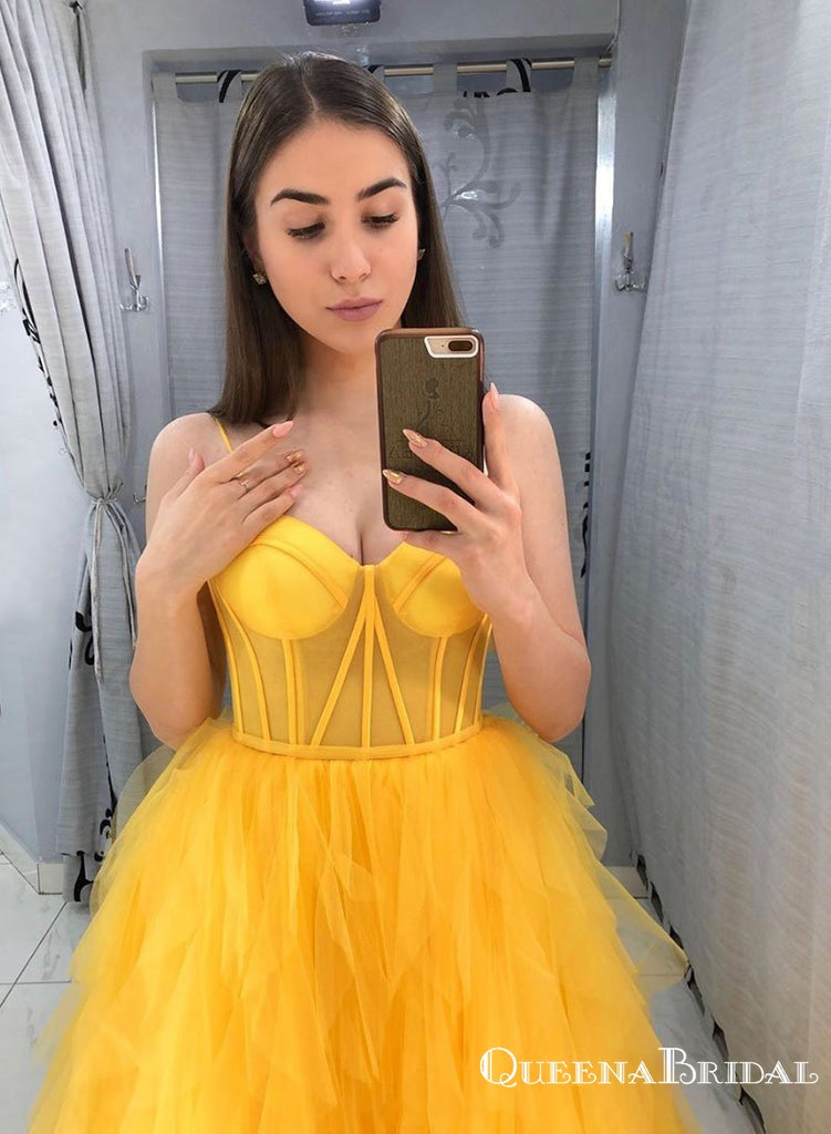 Elegant Charming Spaghetti Strap Yellow Organza A-line Long Cheap Formal Evening Party Prom Dresses, PDS0040